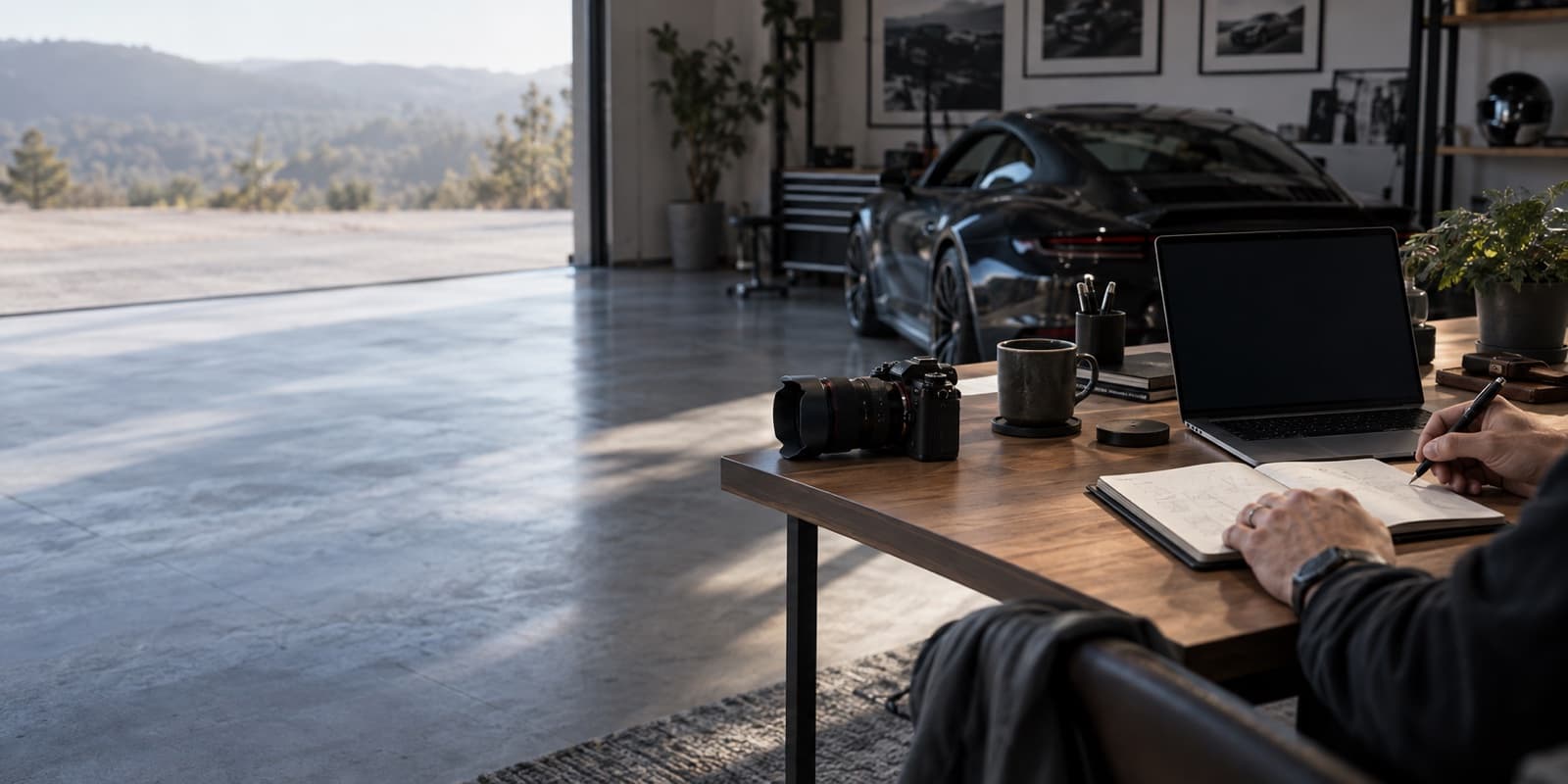 An automotive creator reviewing notes at a studio desk with a camera and car nearby